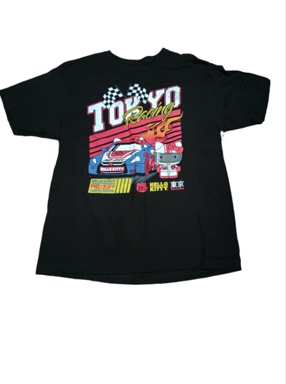 Hello Kitty Black Tokyo Racing Graphic Tee with Red, Blue and Yellow Print
